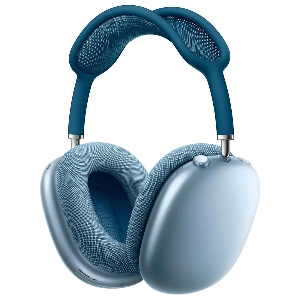 Headphone over-ear azul com arco de tecido em malha e almofadas grandes